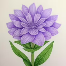 a blue flower drawing is shown on a paper,a drawing of a large flower that has been colored,a purple flower has green leaves on the stem,a flower with green leaves and purple petals on a white background,a purple flower drawn by hand with green leaves