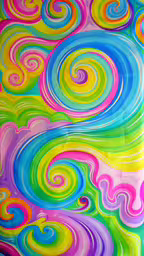 an acrylic painting depicting bright multicolor swirls on white background,colorful painting on the ground has many swirling colors