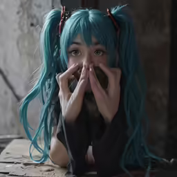 a person with blue hair and a black dress