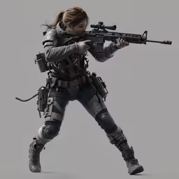 a beautiful woman holding an ak47 with all sorts of rifle on her shoulders