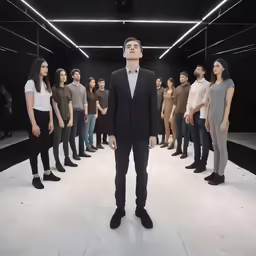 a man in a suit standing between a group of people
