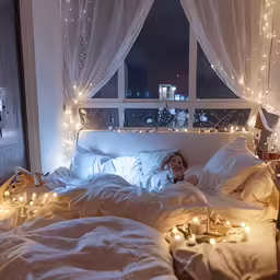 the woman is lying in bed with the lights turned on