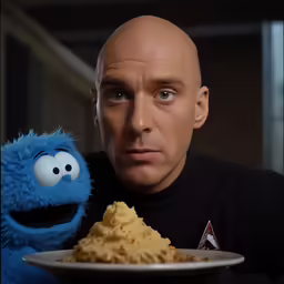 a bald man and blue - faced cookie monster pose for a portrait