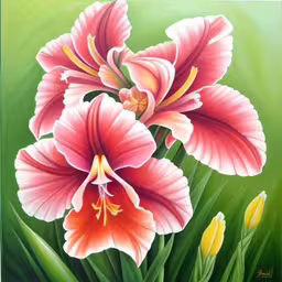 there are three flowers in this painting,there is a painting of two flowers painted,this is a painting of three flower,painting of pink and orange flowers in a grassy field,pink and yellow flowers on green grass in front of a sunlit sky