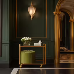 an elegant hallway is accented with green walls