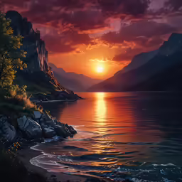 an image of a beautiful sunset with some water and rocks