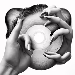 two hands holding a piece of tape over another persons face