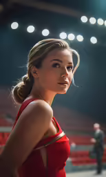 the girl in the red dress is standing in front of a man in an arena