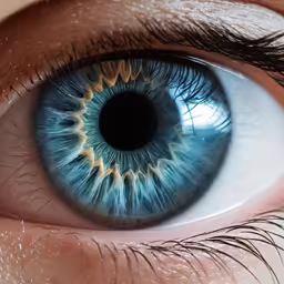 a blue eye with a black iris is seen