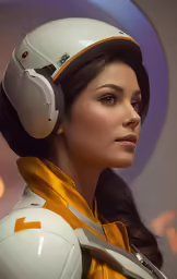 woman wearing white helmet with orange hood and neck brace