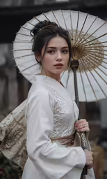 a woman in white is holding an umbrella