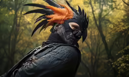 a man in a headdress and mohawk wig with feathers