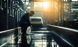 a man in a suit is on the sidewalk with his bag