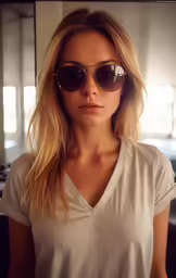 a woman wearing sunglasses is sitting and posing for the camera