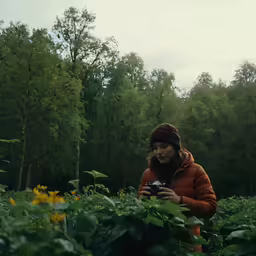 a woman stands in a lush green forest while holding a smart phone