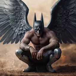 a stylized photo of a man wearing batman mask with wings