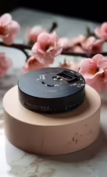 a round container sitting on top of a table next to a flowering branch