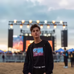 a boy standing in front of the stage with lights on