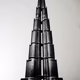a very tall tower with many black and white pictures