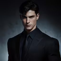 a young man in a black suit poses for a photo