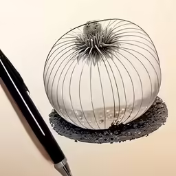 a pen and ball sits next to an onion