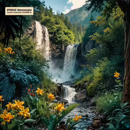 a scenic picture is shown with a waterfall and flowers