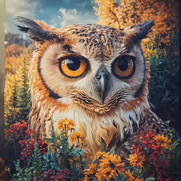 an owl staring out over an abundance of flowers