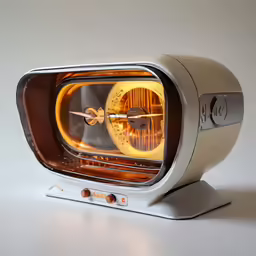 an old fashioned microwave oven is set on its stand