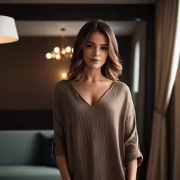 a woman is standing in a room with a window