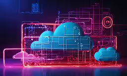 an image of a cloud that looks like it has been created,neon clouds and building shapes are displayed on an abstract display
