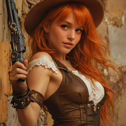 a woman with red hair wearing a leather outfit holding a gun