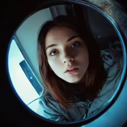 a woman stares into a mirror with her hands on her hips
