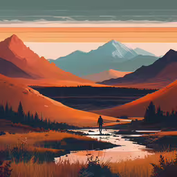 an artwork image of a person walking alone,the person stands on a rock near a mountain lake
