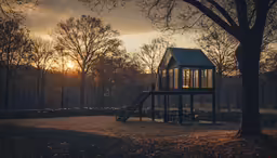 an empty play set and a tall tree near trees
