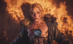 a very sexy woman with a large fire behind her