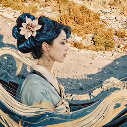 a woman in an asian dress is in the dirt