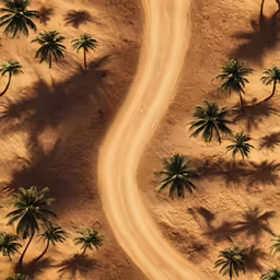 two roads pass between several trees and sandy hills