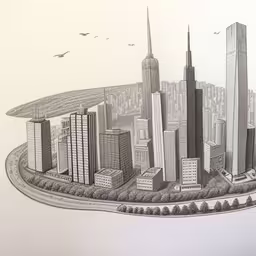 a drawing of a city, shown in a cartoon style,a drawing of a city that is in the air