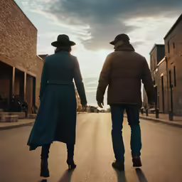 the couple is walking down the road together