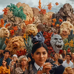 a woman standing next to a group of people in front of a forest