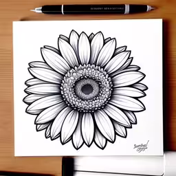 a drawing is shown on a sheet of paper,a drawing of a sunflower on paper
