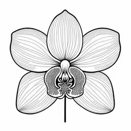 a large white flower with a long stem,the front side of a flower with a line drawing pattern,a flower drawn in the middle of the drawing,an orchid plant with long petals, black and white image,a drawing of a flower with leaves