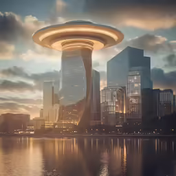 an alien like building in the middle of a body of water