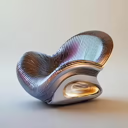 a chair made out of two silver wheels with a light coming from them