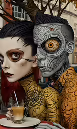two surreal looking people with one drink and another holding a cigarette