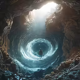 the person is standing in front of an underwater cave