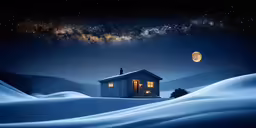a cabin sits in the snow on a hill at night with the sky full of stars