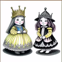 two little girls dressed in costumes with crowns,a drawing of two children wearing identical outfits