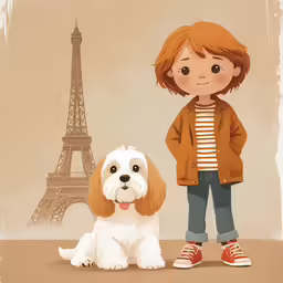 a person sitting down with a dog in front of the eiffel tower