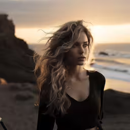 a girl on the beach is holding her surfboard,a woman on the beach staring back